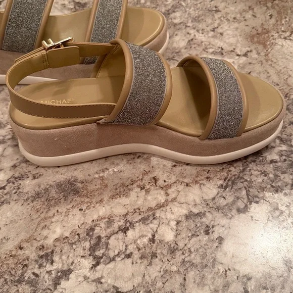 Michael Kors Silver Glitter Sandals with Tan Accents - Picture 4 of 10